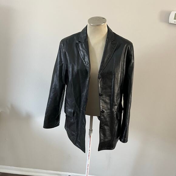 Vtg Y2K 2000s Black Leather Blazer Car Coat Wmns XL Grunge Casual - Picture 6 of 13